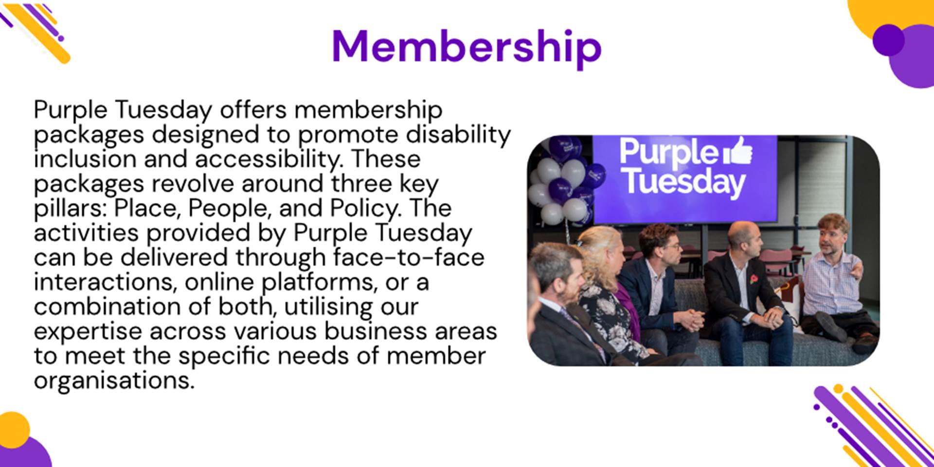 A picture describing the benefits of being a Purple Tuesday member