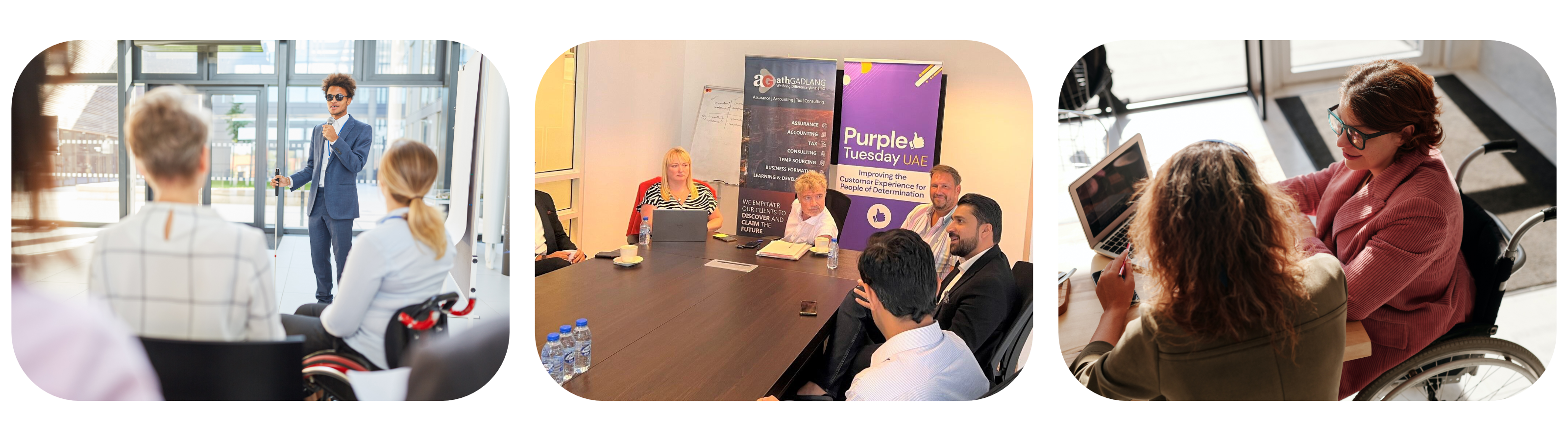 3 images combined into one. Purple Tuesday Ambassadors and Mike Adams standing proudly in front of a Purple Tuesday Banner, symbolizing unity and advocacy for disability inclusion, image 2 is A captivating scene of Purple Tuesday Ambassadors gazing at the Piccadilly Lights, featuring prominent Purple Tuesday branding, highlighting the event's festive atmosphere and commitment to inclusivity, image 3 is Purple Tuesday Global Partners take the stage at Purple Tuesday 2023, engaging in a discussion on disability inclusivity. The image captures a moment of collaboration and shared commitment to positive change. 