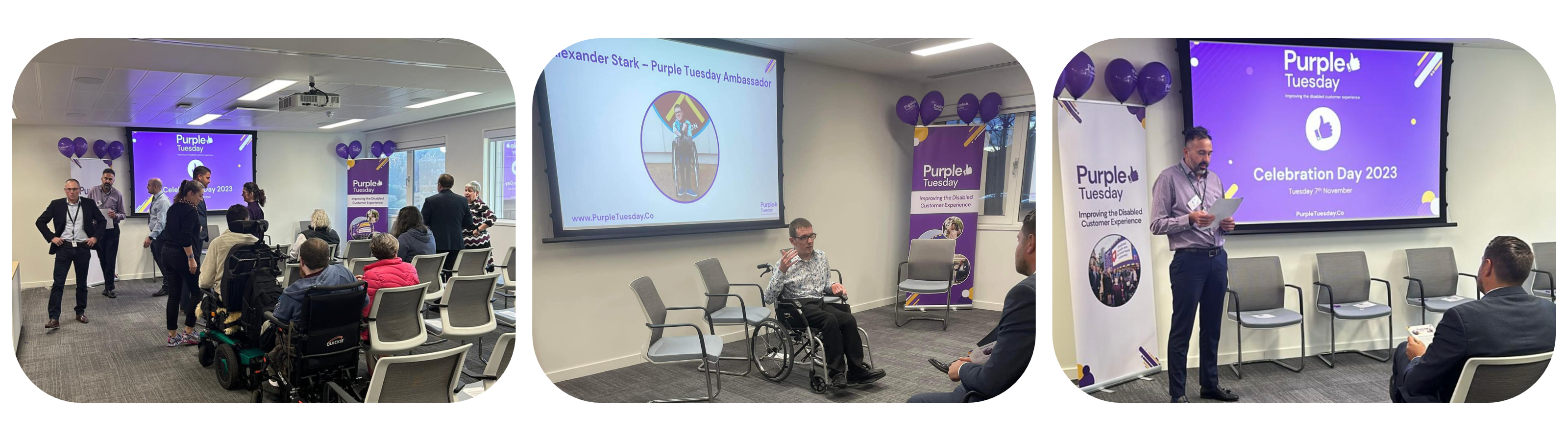 Three images combined, Image one is Individuals, both non-disabled and disabled, gathered in a room, all facing a screen displaying Purple Tuesday branding, image two is Alexander, seated in a wheelchair, presenting in front of a screen with Purple Tuesday branding and image three is Purple Tuesday staff delivering a speech in front of a screen adorned with Purple Tuesday branding and surrounded by purple balloons.