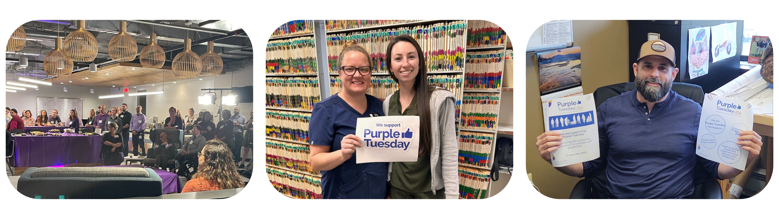 3 images in one, the first image is A spacious room filled with Purple Tuesday supporters, adorned with purple decorations throughout the space, the 2nd image is Two Purple Tuesday supporters holding up a sign that reads 'We support Purple Tuesday and the last image is A man sitting in a chair, proudly holding up Purple Tuesday bunting.