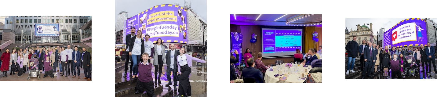 Members of the Purple Tuesday team and ambassadors proudly posing for photos at iconic locations, including Canary Wharf and Piccadilly Lights. Additionally, capturing the spirit of unity, they are gathered in a room, celebrating the success of Purple Tuesday 2022.