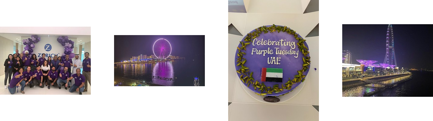 The Purple Tuesday Dubai team strikes a pose at the Zurich office against a backdrop of numerous Dubai locations illuminated in purple. A specially crafted frosted Purple Tuesday cake takes center stage, adding to the festive atmosphere of the celebration in honor of Purple Tuesday 2022.