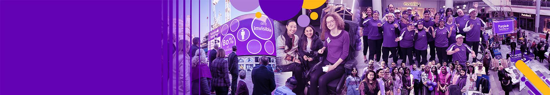 A collection of images featuring different groups of people from around the globe, dressed in purple and celebrating Purple Tuesday.