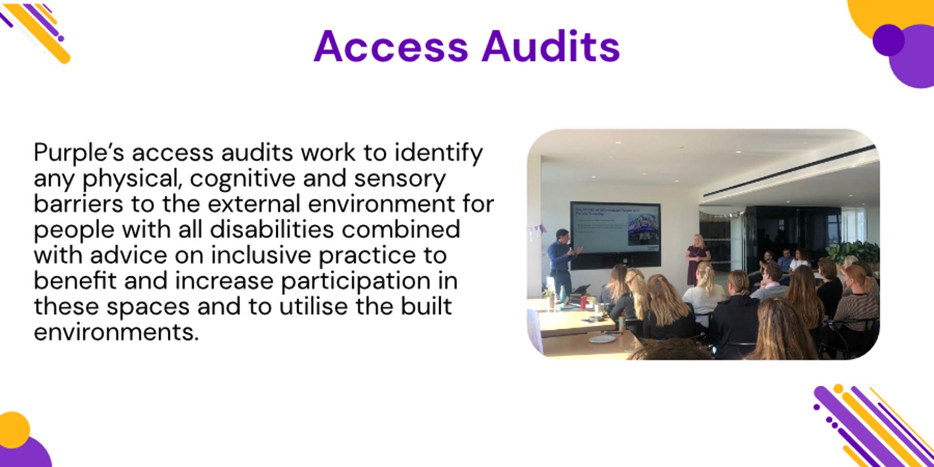 A picture of a man with a microphone looking at a screen, teaching a group of people about Access Audits with the text saying 