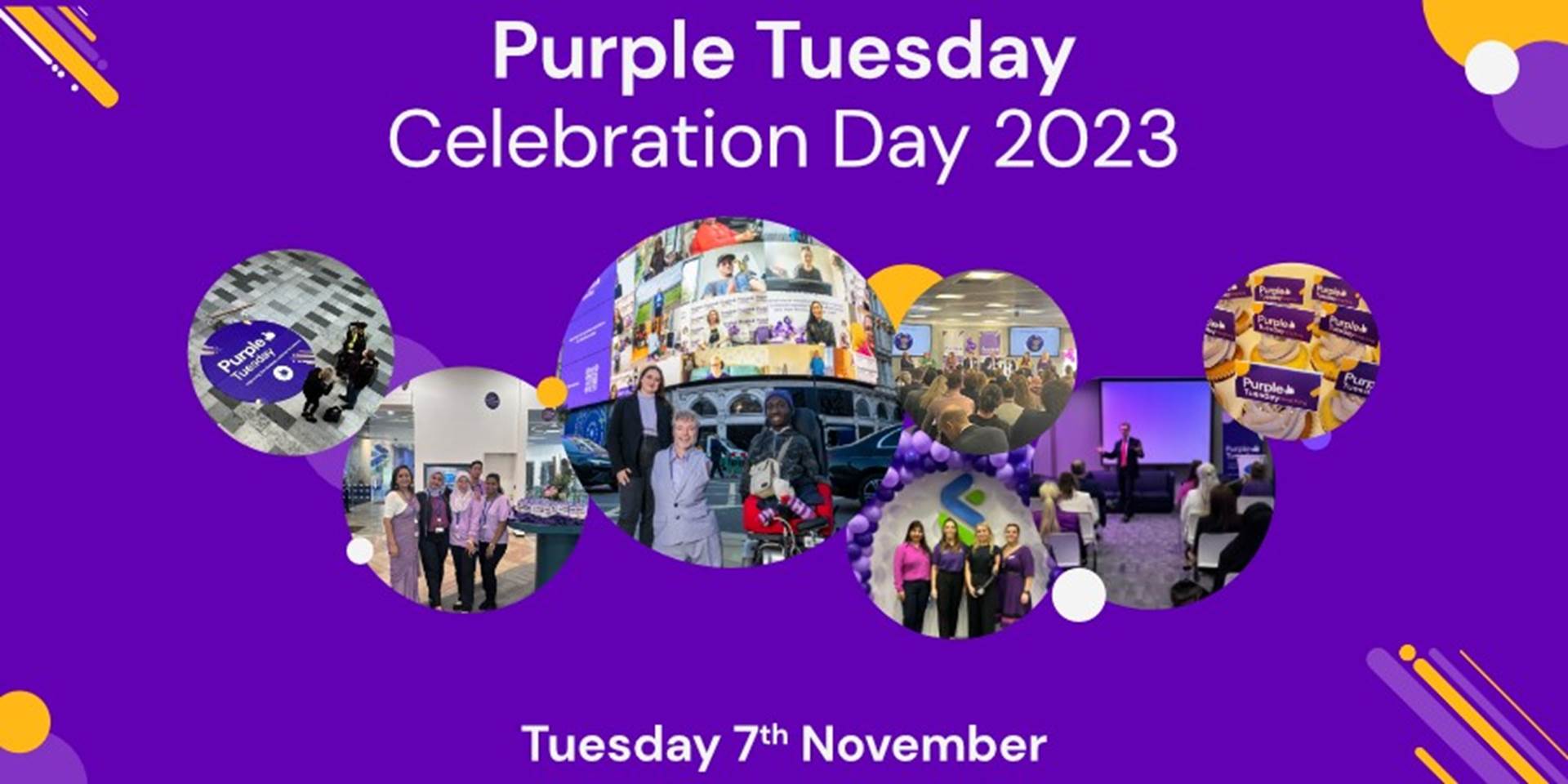 A group photo taken in front of the Piccadilly Lights featuring the sponsors of Purple Tuesday 2022, Purple Tuesday CEO Mike Adams, and Purple Tuesday ambassadors. The individuals are posing together, with the Piccadilly Lights prominently displaying the 