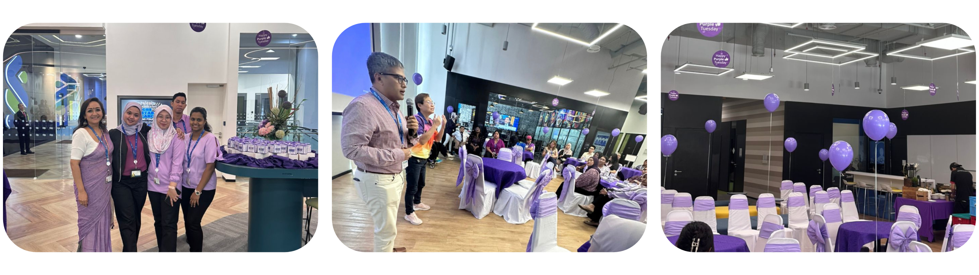 Standard Chartered's office radiantly decorated in purple, serving as a backdrop for groups of sponsors and ambassadors posing in front of prominent Purple Tuesday branding. The image captures the collective commitment and celebration of inclusivity in support of Purple Tuesday.