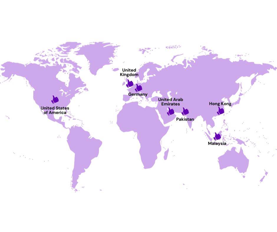 World Map with Purple Tuesday locations in USA,Germany, Uk, UAE, Pakistan,Hong Kong and Malausia